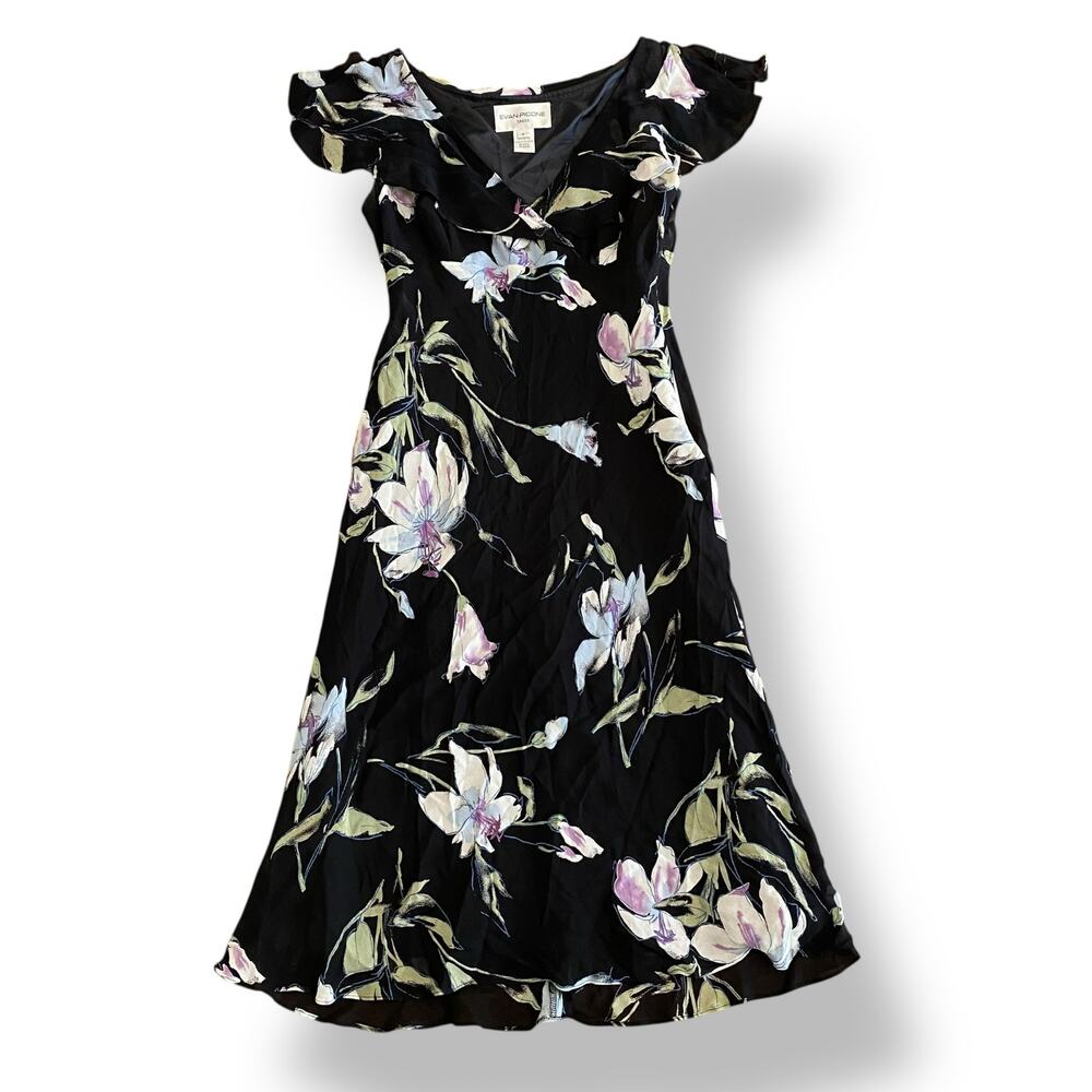 Evan Picone‎ Vintage Floral Maxi Dress Size 8 Black Multicolor Boho Whimsical